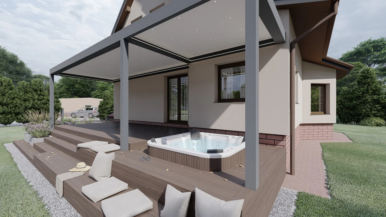 Taras z jacuzzi i pergolą.