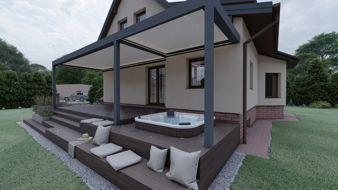 Zabudowa tarasu z pergolą i zadaszeniem lamelowym.