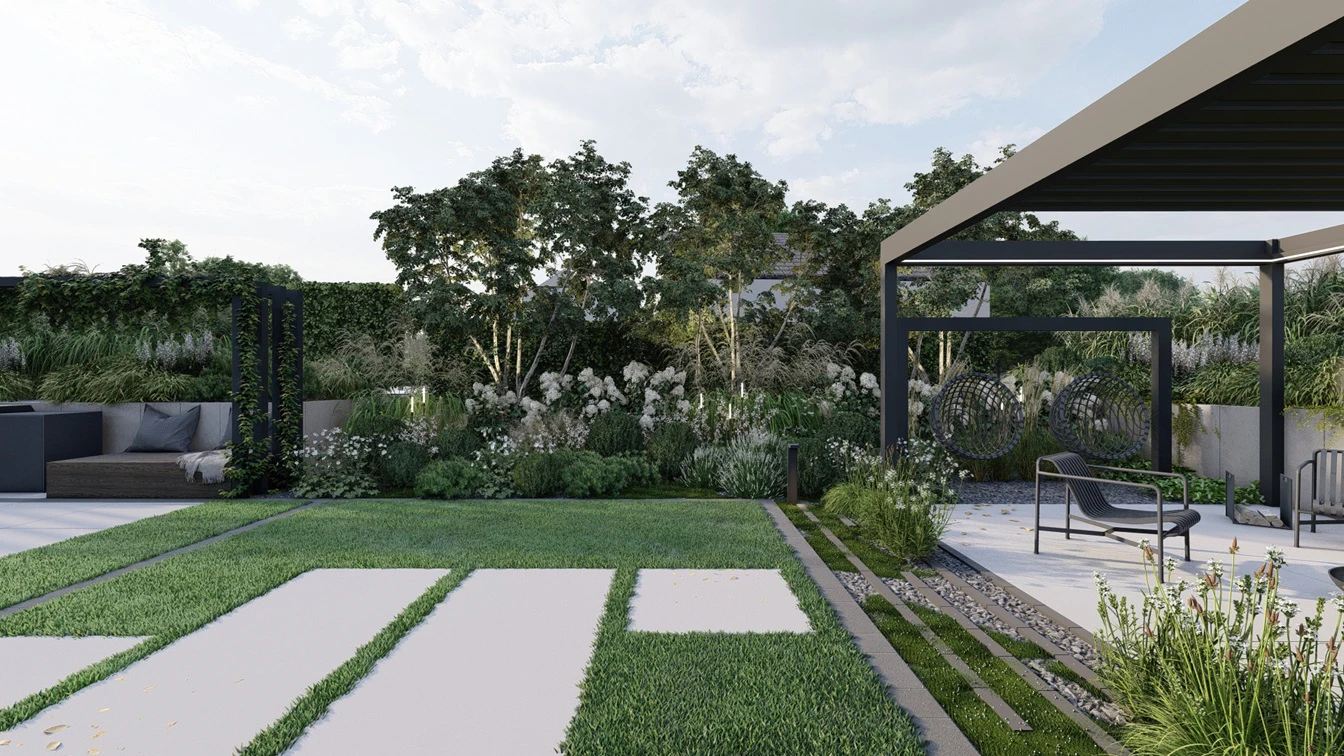 Pergola z roślinnością i krzesłami