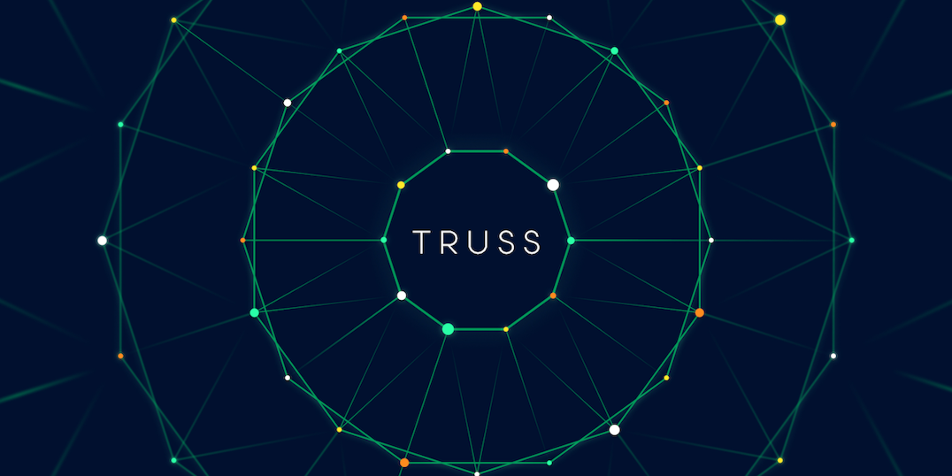 Truss logo, a series of interconnected green lines in a circular geometric pattern, on a navy blue background