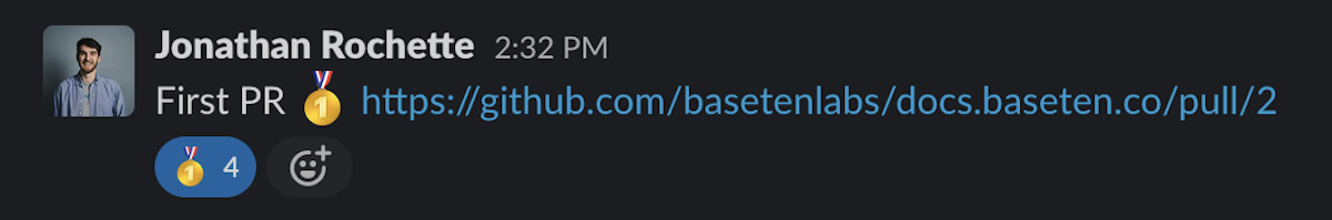 Baseten employee, Jonathan Rochette, submitting his first PR for docs