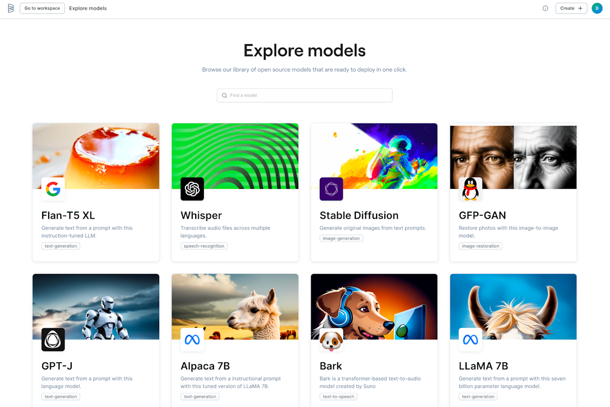 Baseten's model library offers two-click deploys for popular foundation models