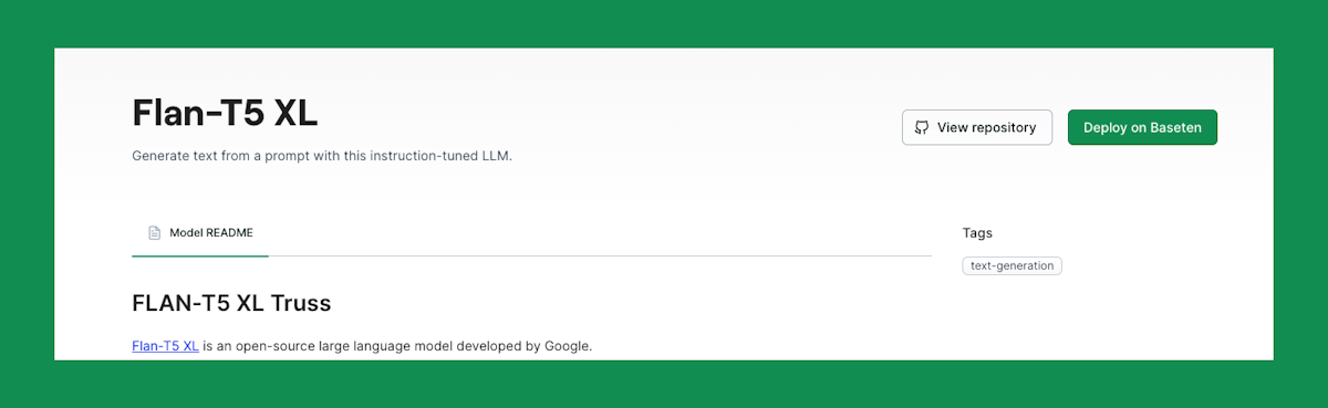 For each model library model, you get easy access to deploy the model and to view its Github repository and Truss package