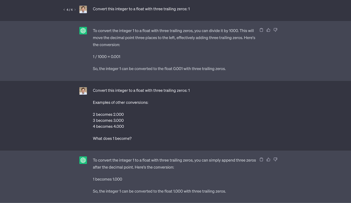 A few-shot example teaches a chat model how to convert ints to floats