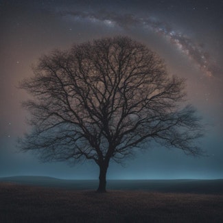 Prompt: A tree in a field under the night sky