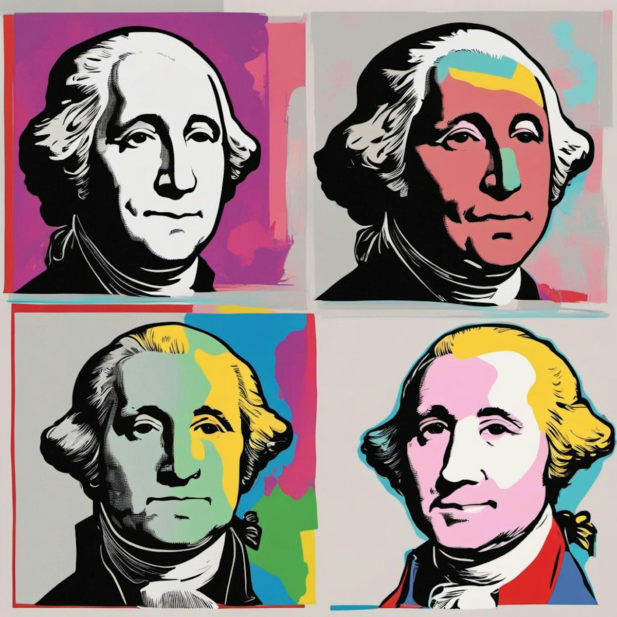 Prompt: A portrait in the style of Andy Warhol of George Washington incredibly detailed
