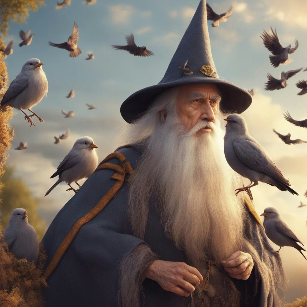 Prompt: A wise old wizard summons a flock of birds hd cinematic colorful