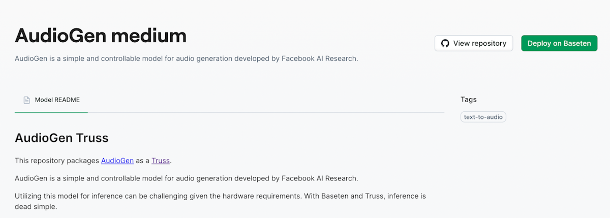 Screenshot of the AudioGen medium model in the Baseten model library