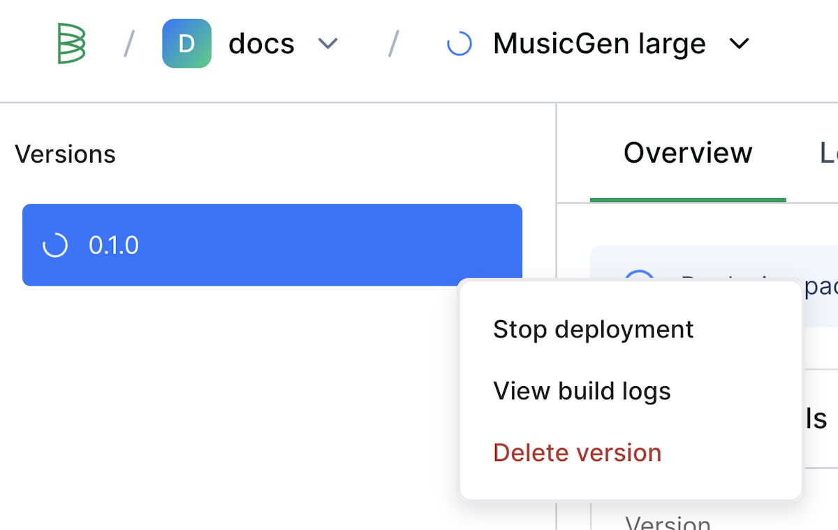 Stop deployment from the model version action menu
