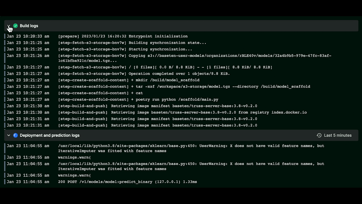 Model build and deployment logs