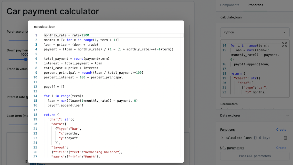 The Python code in this screenshot runs directly on the end user's browser