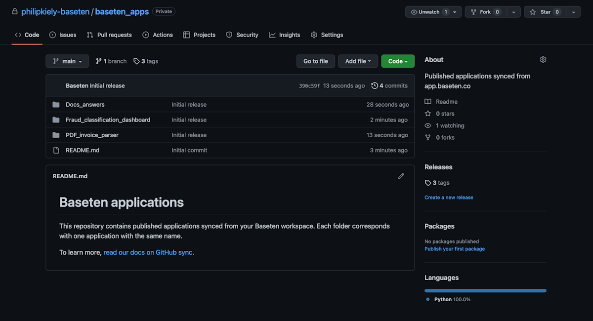 An example GitHub repository storing apps built on Baseten