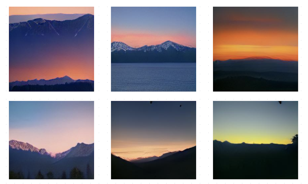 Six images generated on the prompt “rocky mountain sunset”
