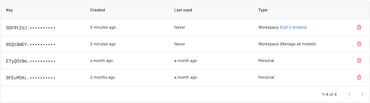 Workspace and personal API keys listed on a Baseten account