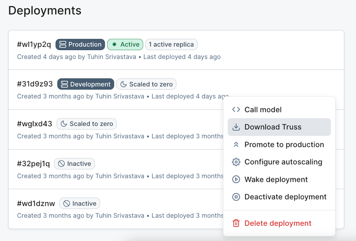 The deployments section of the model overview page