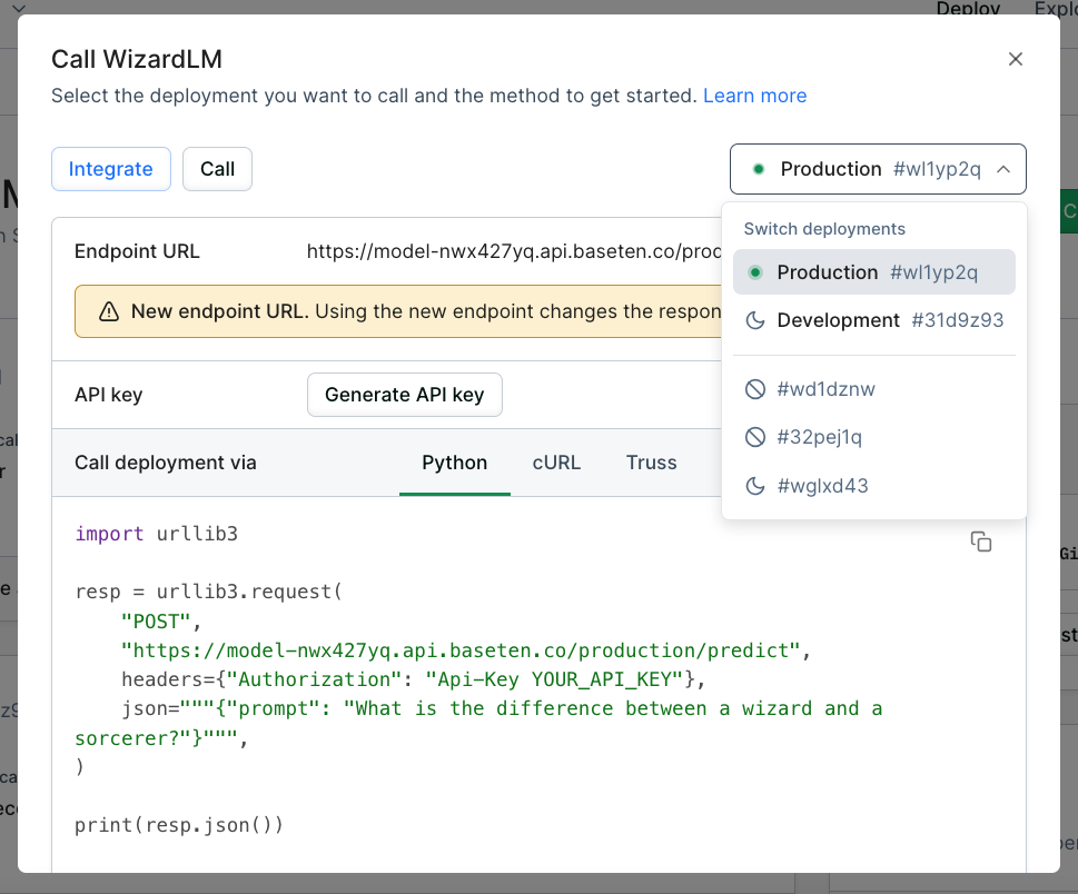 The call model modal where you can find deployment endpoints and call the model