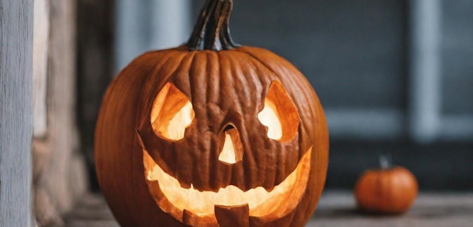 Prompt: a close up shot of a happy glowing jack-o-lantern on an old wooden front porch
