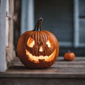 Prompt: a close up shot of a happy glowing jack-o-lantern on an old wooden front porch