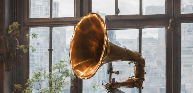Prompt: A steampunk gramophone by a window