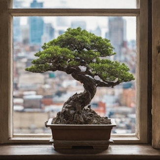 Prompt: bonsai tree sitting on a windowsill overlooking the city