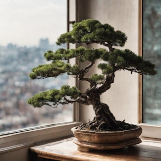 Prompt: bonsai tree sitting on a windowsill overlooking the city