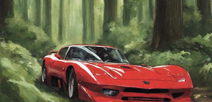 Prompt: a red racecar driving through a green forest