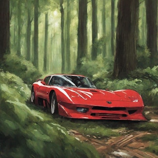 Prompt: a red racecar driving through a green forest