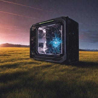 Prompt: A glowing cyberpunk GPU embedded in a field