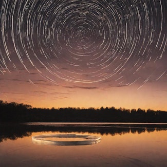 Prompt: A circle of lights on a lake at sunset