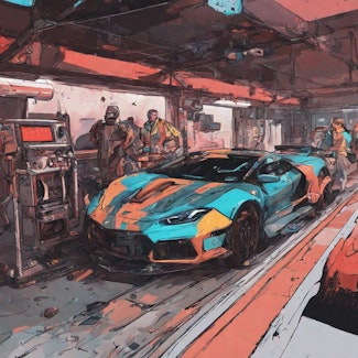 Prompt: A cyberpunk racecar refueling