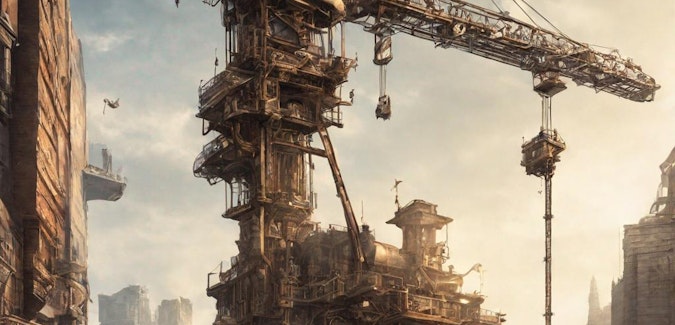 Prompt: A steampunk construction crane