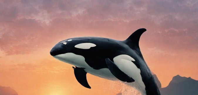 Prompt: A killer whale jumping out of the ocean at sunset