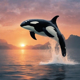 Prompt: A killer whale jumping out of the ocean at sunset
