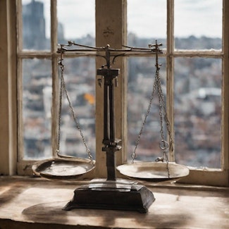 Prompt: A set of old fashioned measuring scales on a window overlooking the city