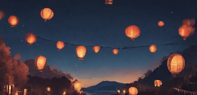 Prompt: Three glowing paper lanterns