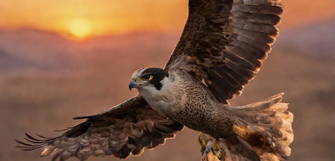 Prompt: A majestic falcon soaring in the sunset