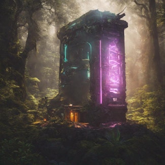 Prompt: A glowing solarpunk GPU in a forest