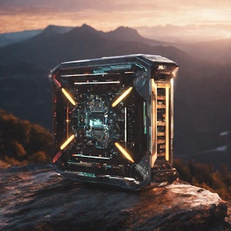Prompt: A glowing GPU in the mountains