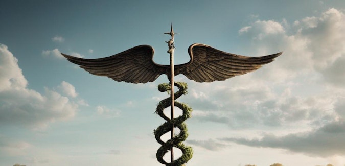 Prompt: A  Caduceus planted in a field