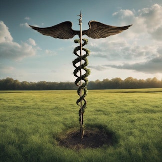 Prompt: A  Caduceus planted in a field