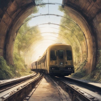 Prompt: A solarpunk train coming out of a tunnel