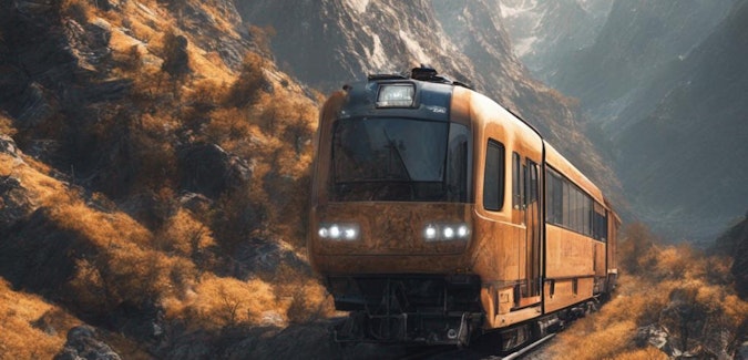 Prompt: A solarpunk train in the mountains