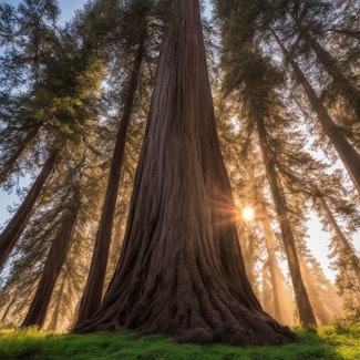 Prompt: a California redwood tree at sunrise