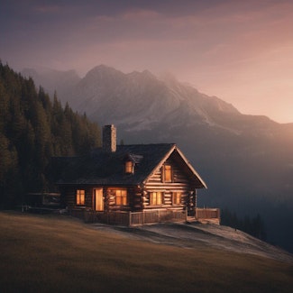 Prompt: a log cabin in the mountains at dusk