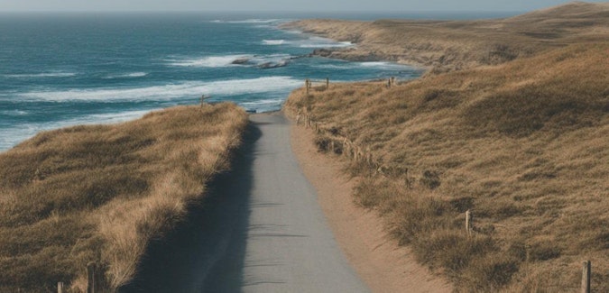Prompt: A road by the ocean