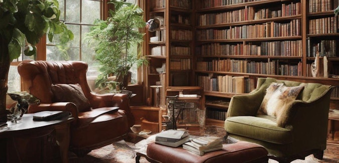 Prompt: A cozy library
