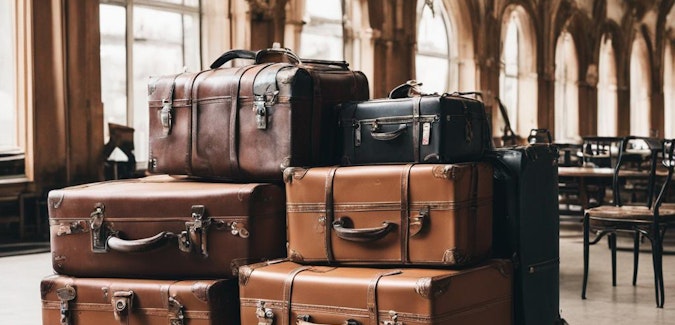 Prompt: Luggage on a trolley in a historic train station