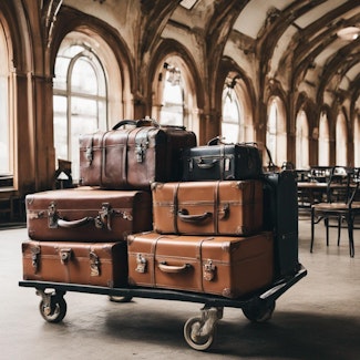 Prompt: Luggage on a trolley in a historic train station