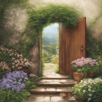 Prompt: An open door leading to a beautiful garden