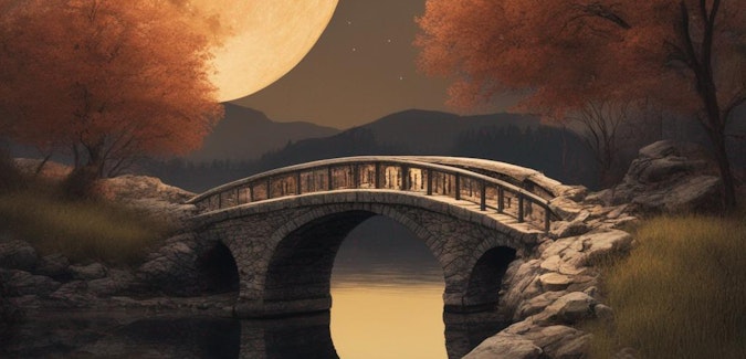Prompt: A sturdy stone bridge under a full moon, warm colors
